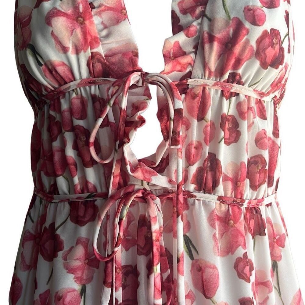 Samantha Sipos Medium Pink Strawberry Floral Front Tie Ruffles Midi Dress Kawaii - Picture 5 of 15